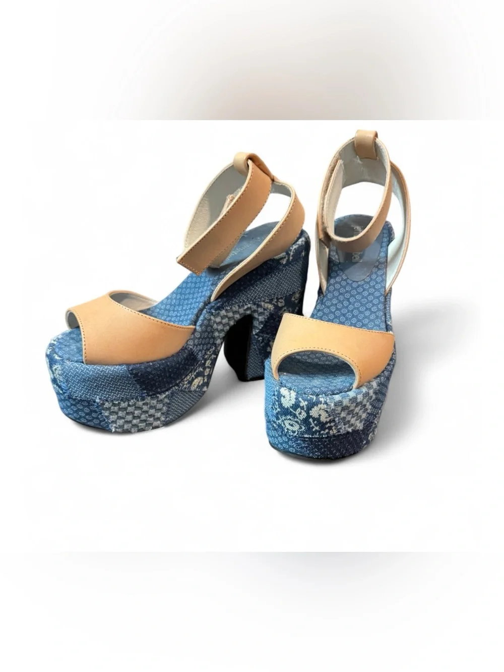 Jeffrey Campbell Myla Patchwork Denim Platform Heels Leather Size 6